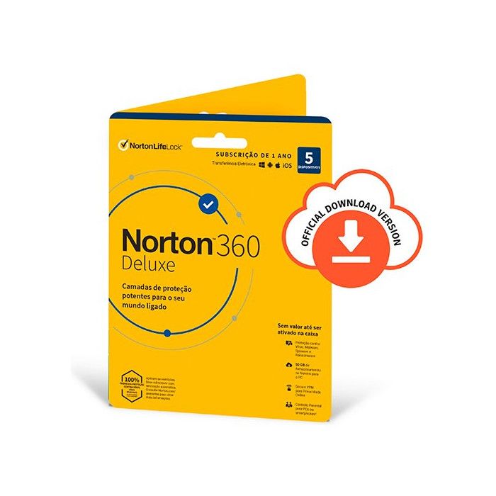 Antivírus NORTON 360 Deluxe 50GB / 5 Dispositivos / 1 Ano