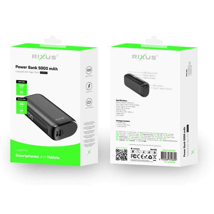 Powerbank Rixus Ecrã Digital 5000mah Preto