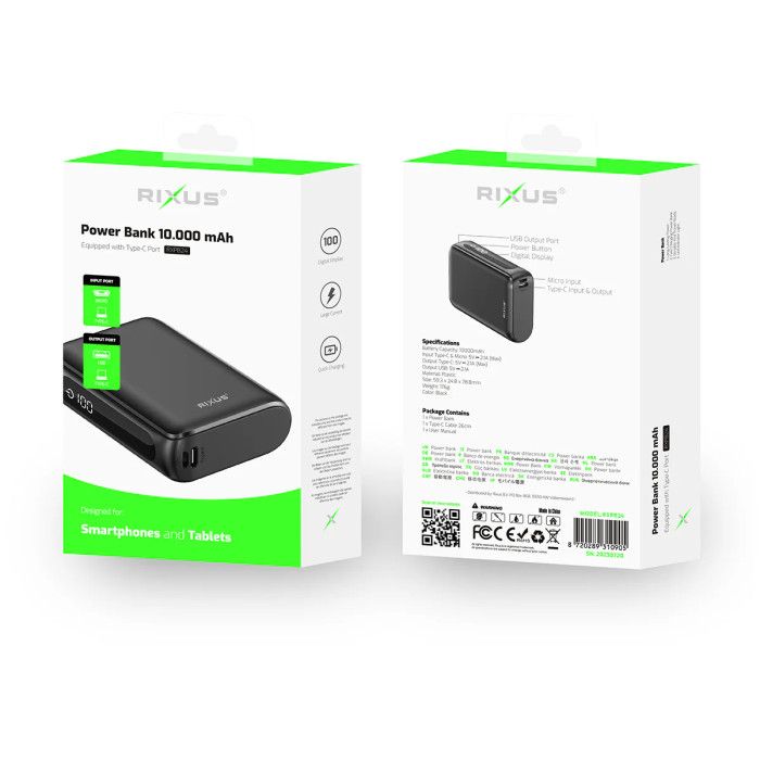 Powerbank Rixus Ecrã Digital 10000mah Preto