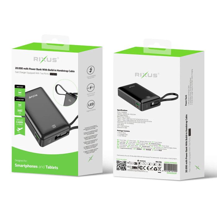 Powerbank Rixus Ecrã Digital 20000mah Preto