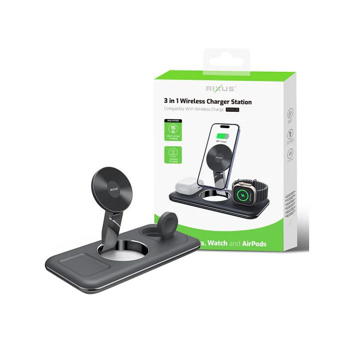 Carregador Wireless Rixus 15W / 3 em 1 Preto